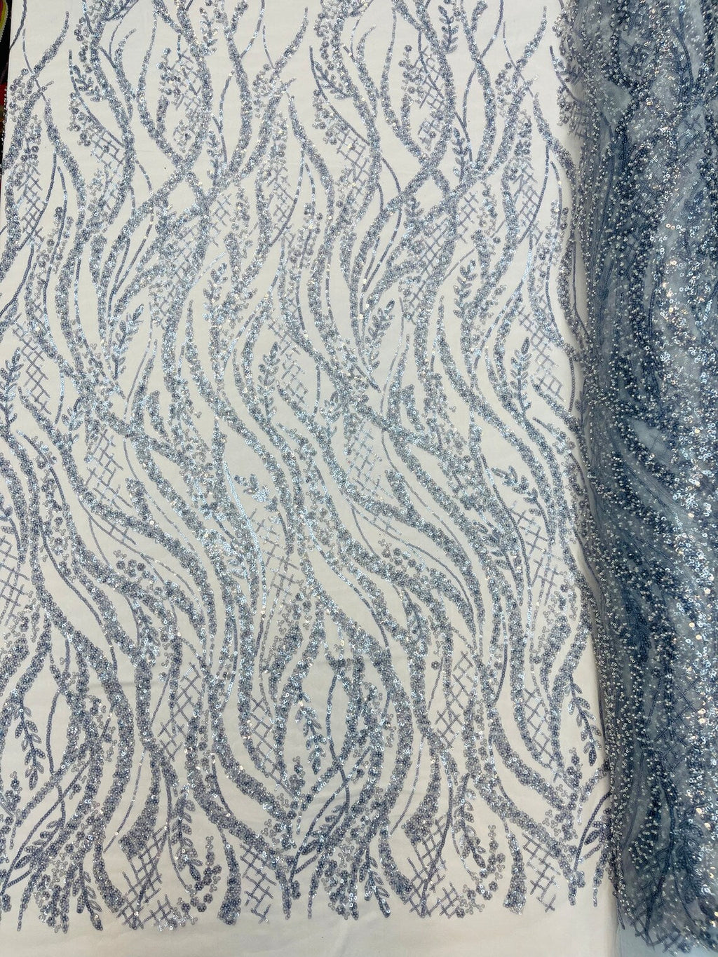 Floral Beaded Wavy Fabric - Light Blue - Beaded Sequins Wavy Embroidered Fabric Sold By Yard