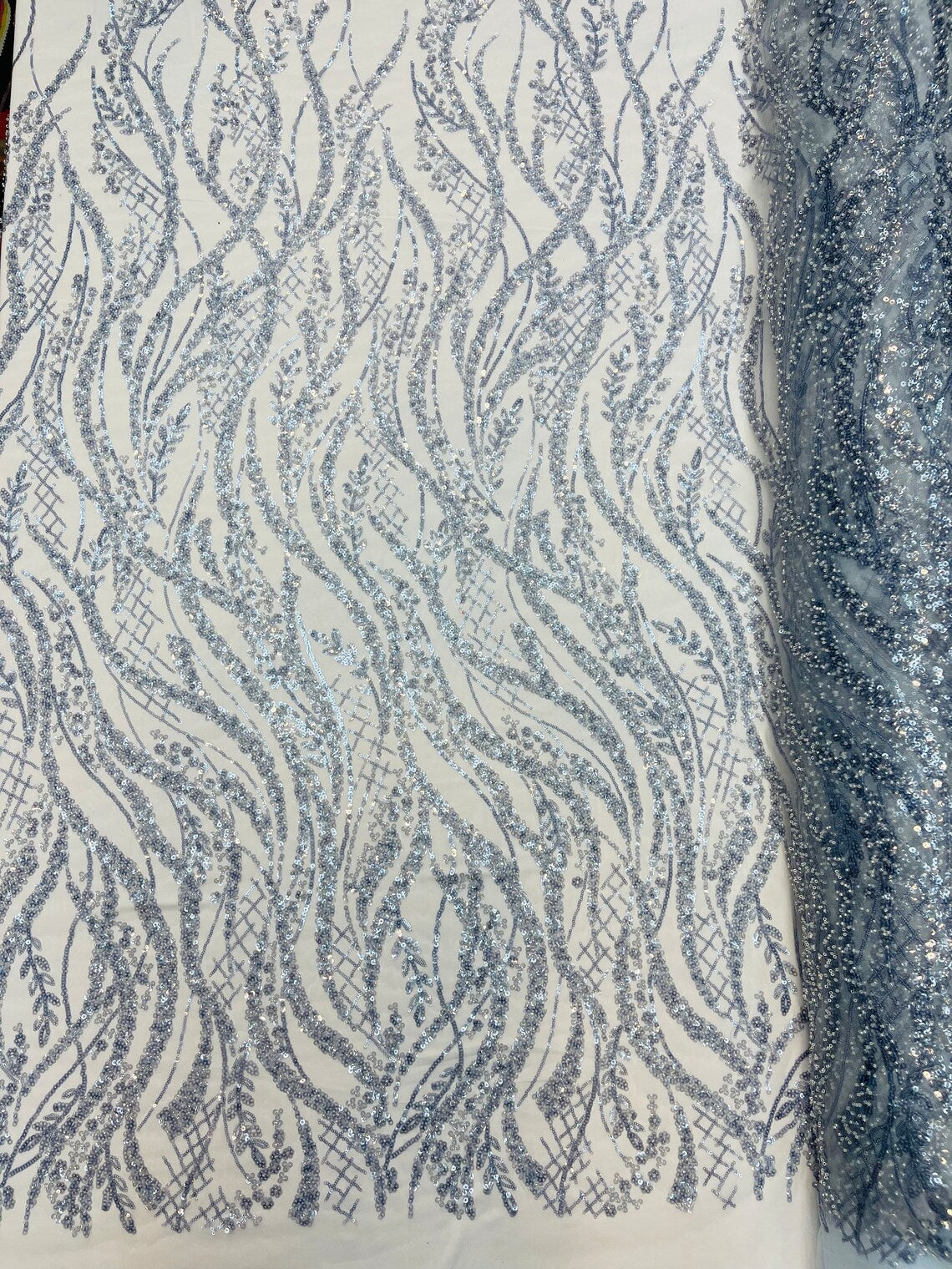 Floral Beaded Wavy Fabric - Light Blue - Beaded Sequins Wavy Embroidered Fabric Sold By Yard