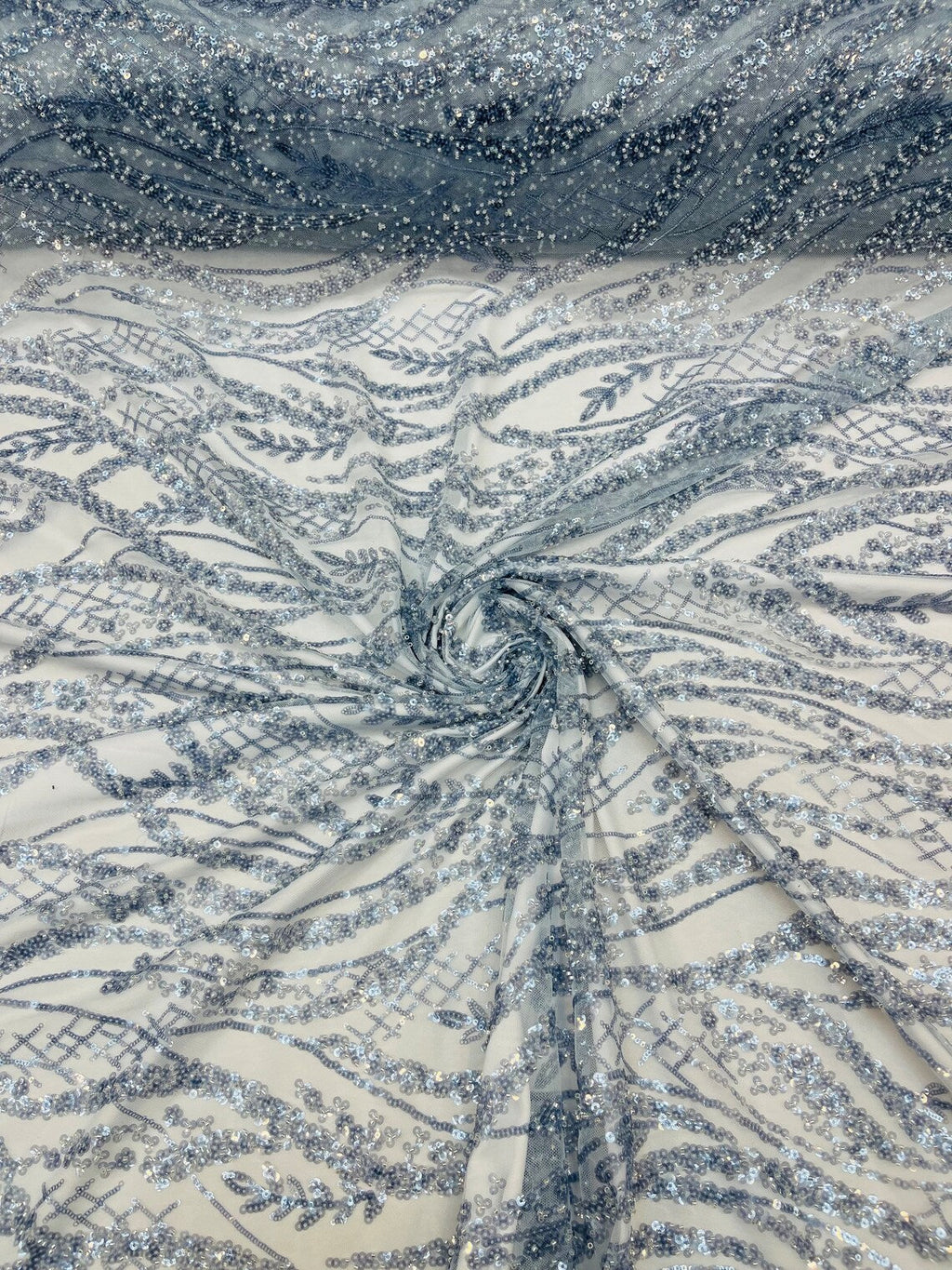 Floral Beaded Wavy Fabric - Light Blue - Beaded Sequins Wavy Embroidered Fabric Sold By Yard