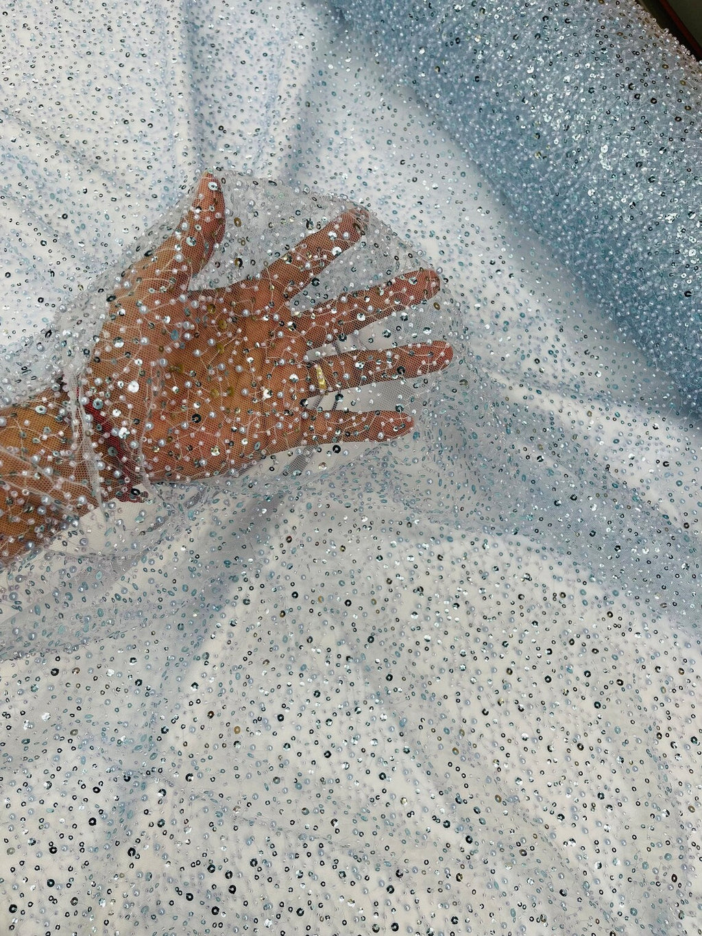 3D Beaded Mesh Fabric - Light Blue - Embroidered Beaded Lace Mesh Fabric with Small Sequins Sold By Yard