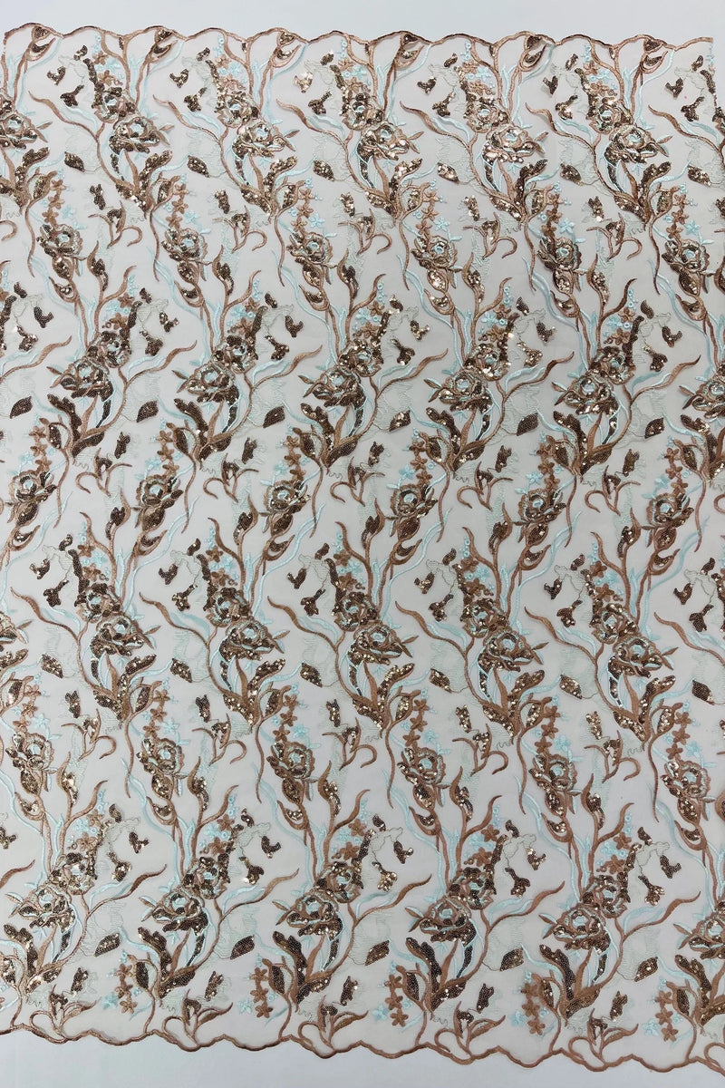 Floral Multi-Color Fabric - Light Brown / Light Blue  - Flower and Leaves Lace Sequins Fabric Sold By Yard