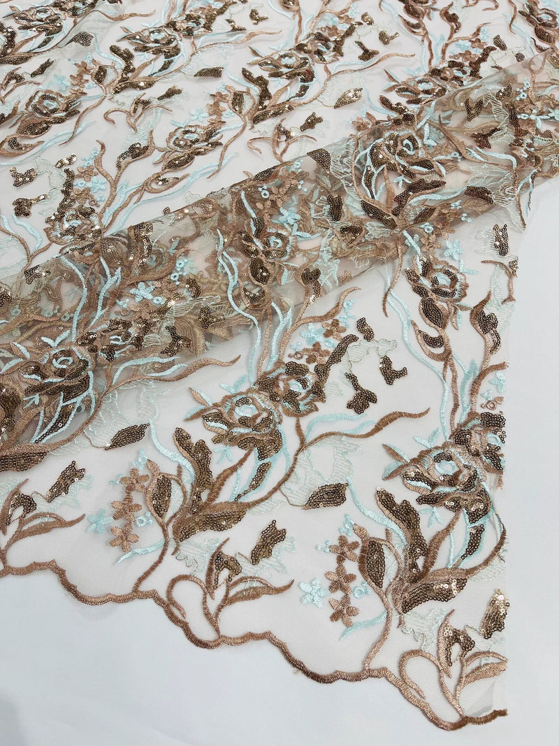 Floral Multi-Color Fabric - Light Brown / Light Blue  - Flower and Leaves Lace Sequins Fabric Sold By Yard