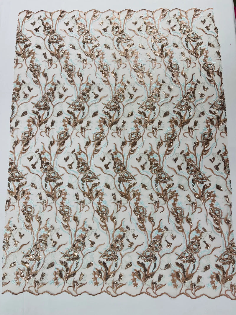 Floral Multi-Color Fabric - Light Brown / Light Blue  - Flower and Leaves Lace Sequins Fabric Sold By Yard