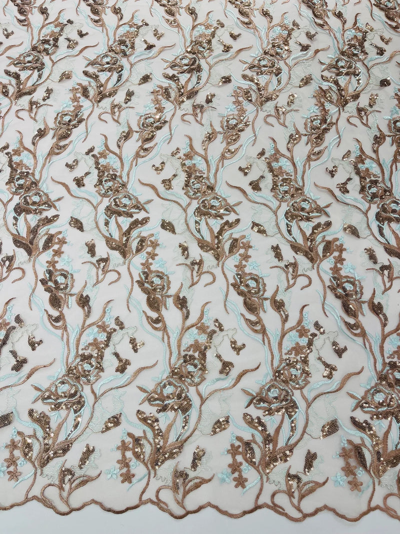 Floral Multi-Color Fabric - Light Brown / Light Blue  - Flower and Leaves Lace Sequins Fabric Sold By Yard