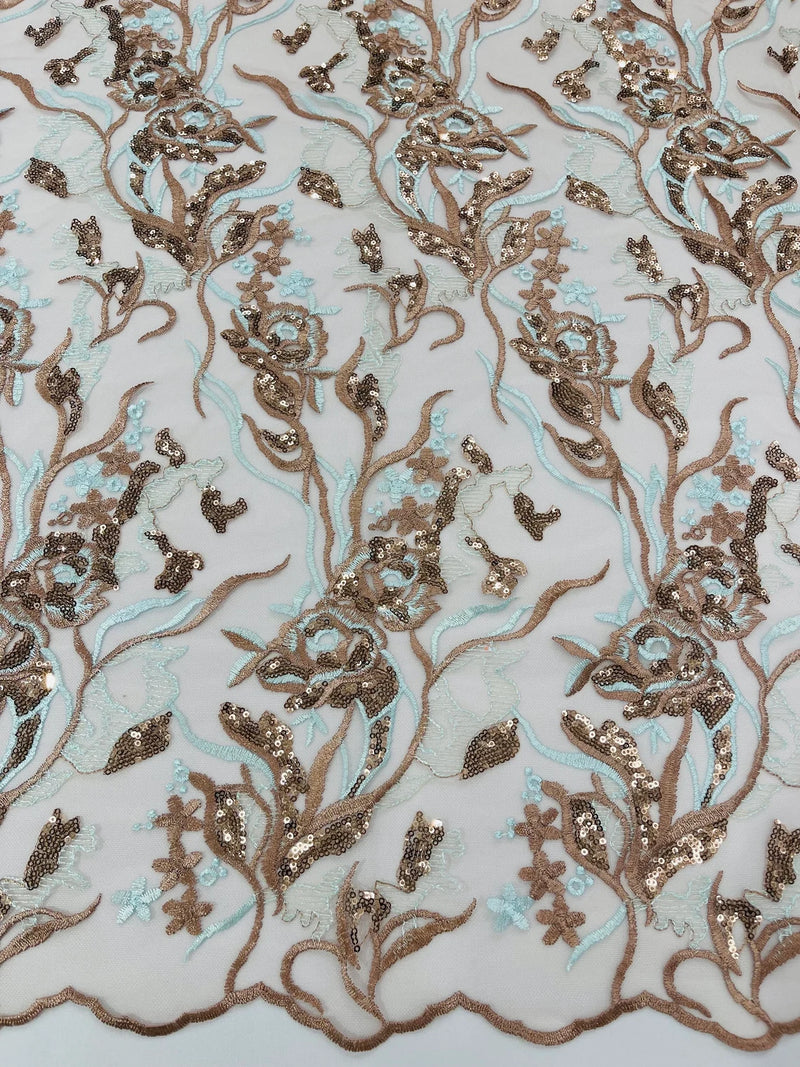 Floral Multi-Color Fabric - Light Brown / Light Blue  - Flower and Leaves Lace Sequins Fabric Sold By Yard