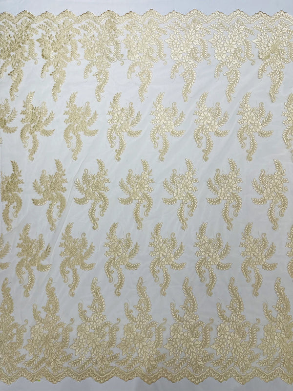 Long Leaf Designs Lace Fabric - Light Champagne - Embroidered Braid Leaf Pattern on Lace Mesh Fabric By Yard