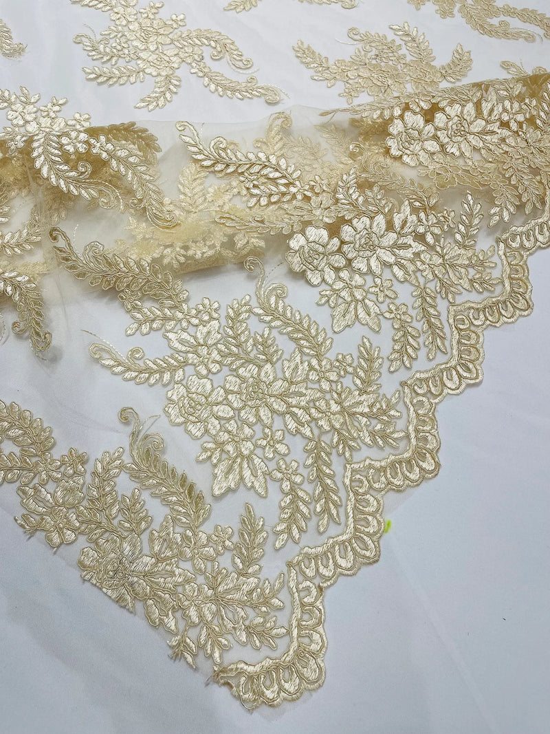 Long Leaf Designs Lace Fabric - Light Champagne - Embroidered Braid Leaf Pattern on Lace Mesh Fabric By Yard