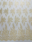 Long Leaf Designs Lace Fabric - Light Champagne - Embroidered Braid Leaf Pattern on Lace Mesh Fabric By Yard