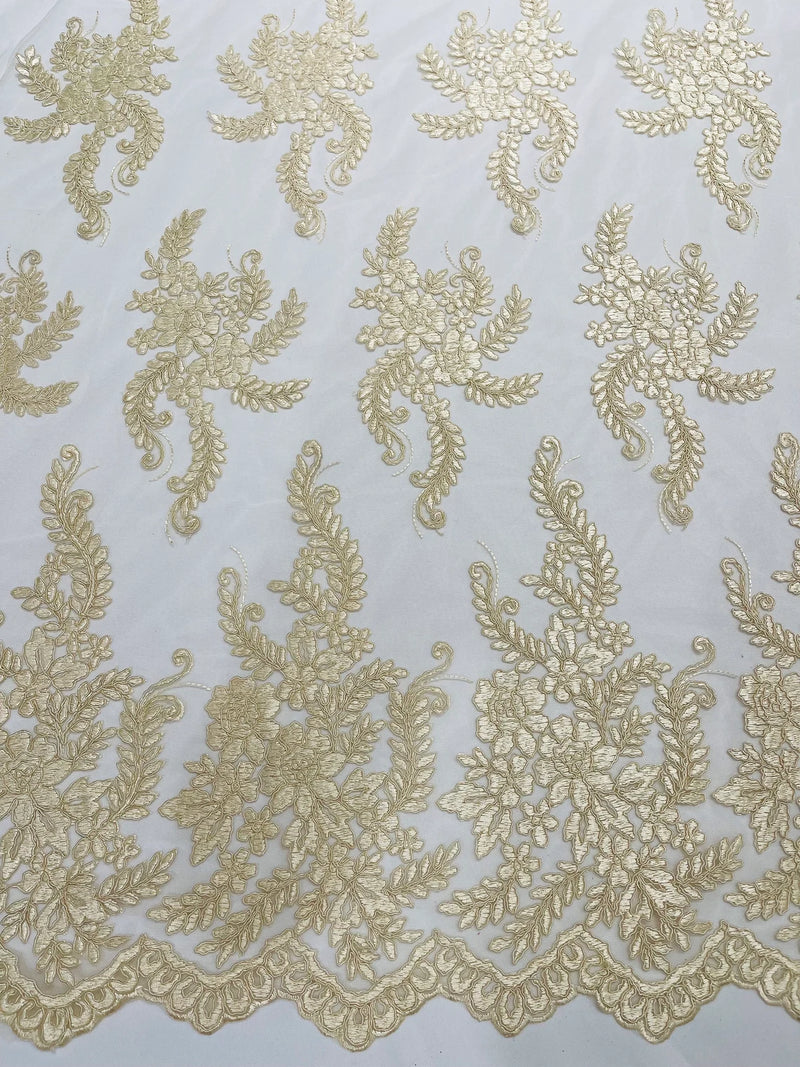 Long Leaf Designs Lace Fabric - Light Champagne - Embroidered Braid Leaf Pattern on Lace Mesh Fabric By Yard