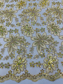 Corded Lace Floral Fabric - Light Gold - Hologram Sequins Metallic Thread Floral Fabric by Yard
