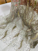 Beaded Fire Design Fabric - Light Gold - Fire Flame Design Sequins and Beads on Mesh by Yard