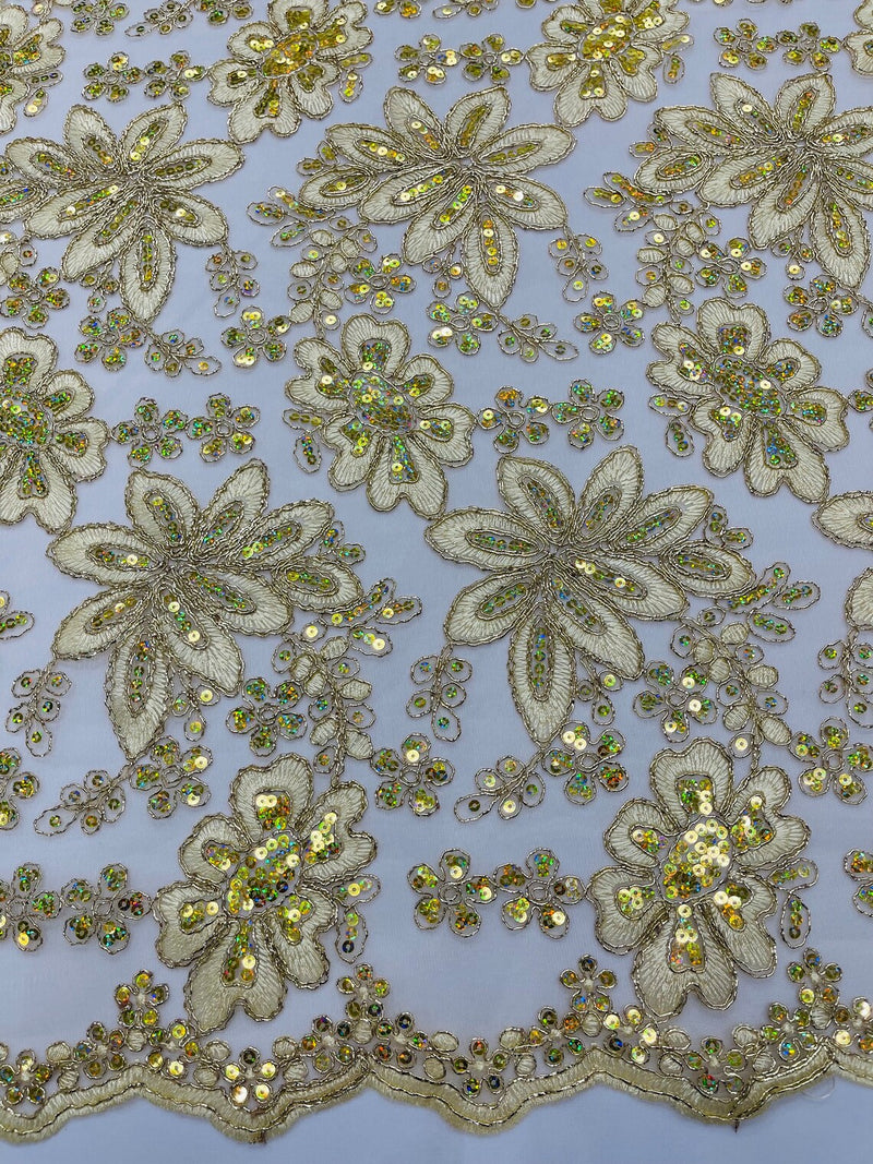 Corded Lace Floral Fabric - Light Gold - Hologram Sequins Metallic Thread Floral Fabric by Yard