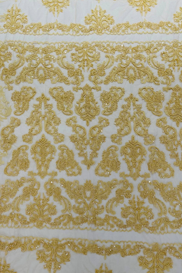 Beaded My Lady Damask Design - Light Gold - Beaded Fancy Damask Embroidered Fabric By Yard