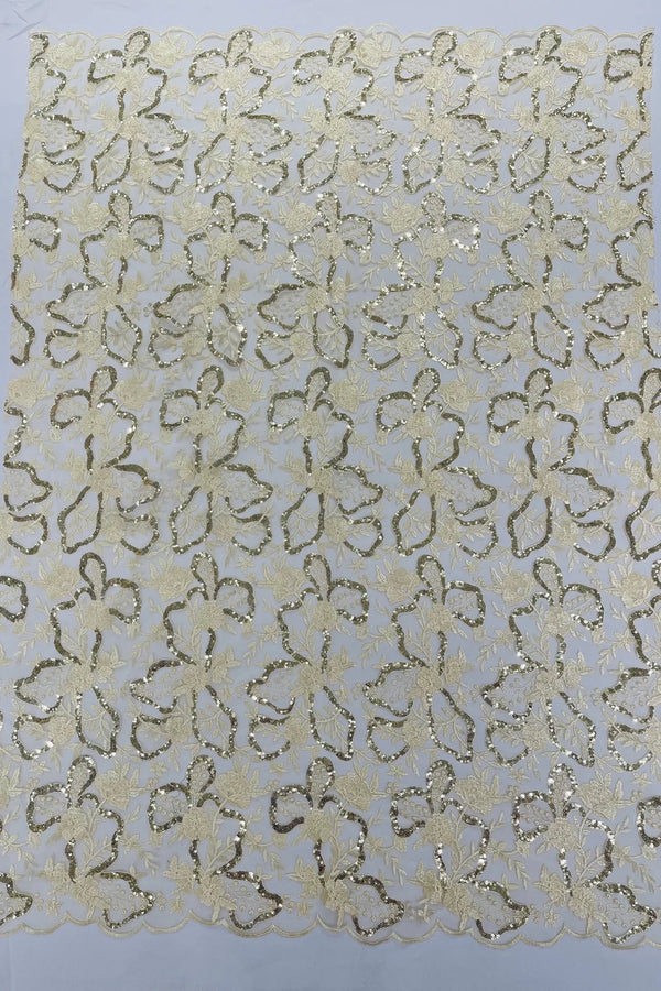 Small Flower Sequins Lace Fabric - Light Gold - Embroidered Floral Pattern Fabric with Sequins on Lace By Yard