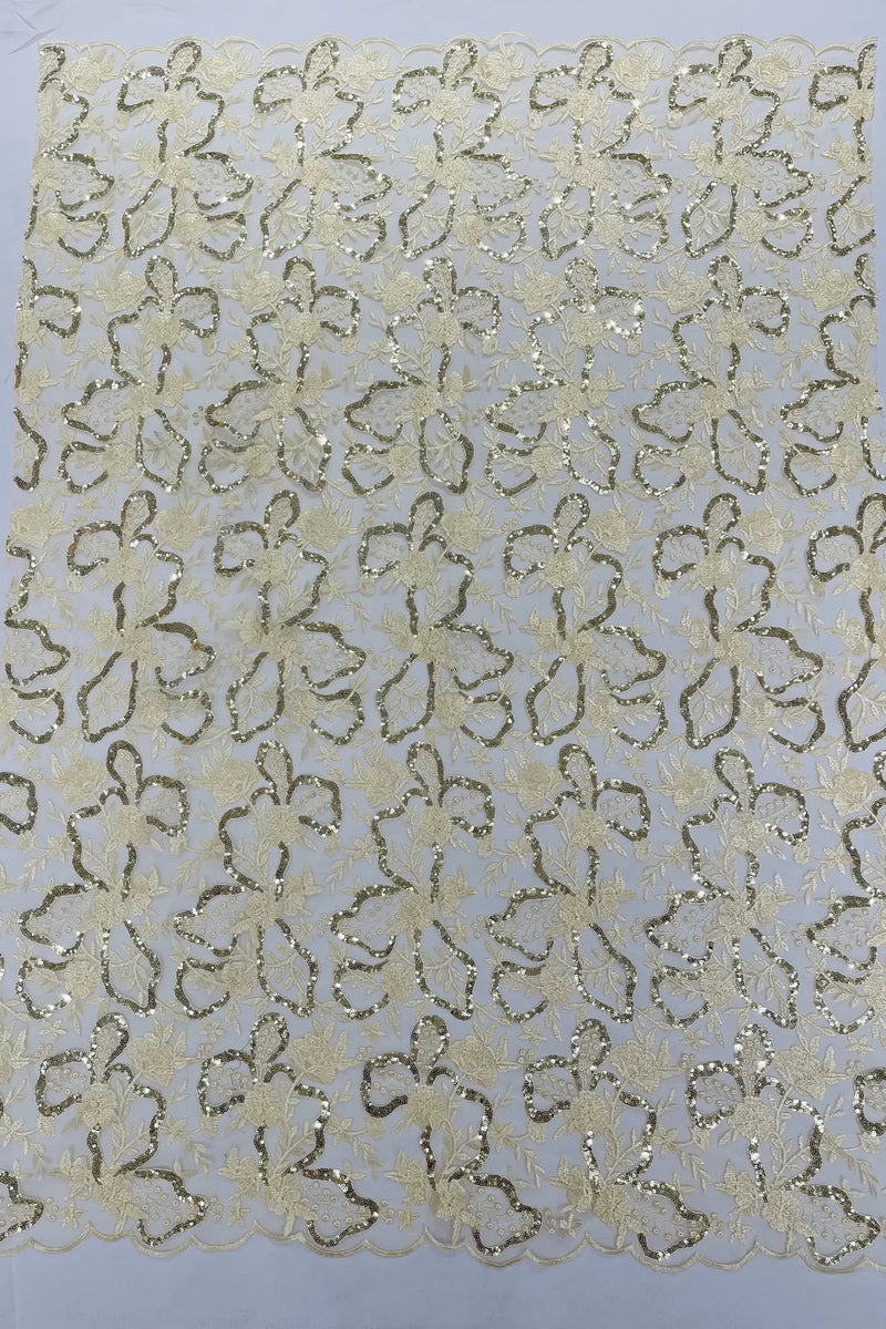 Small Flower Sequins Lace Fabric - Light Gold - Embroidered Floral Pattern Fabric with Sequins on Lace By Yard