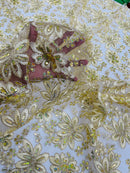 Corded Lace Floral Fabric - Light Gold - Hologram Sequins Metallic Thread Floral Fabric by Yard