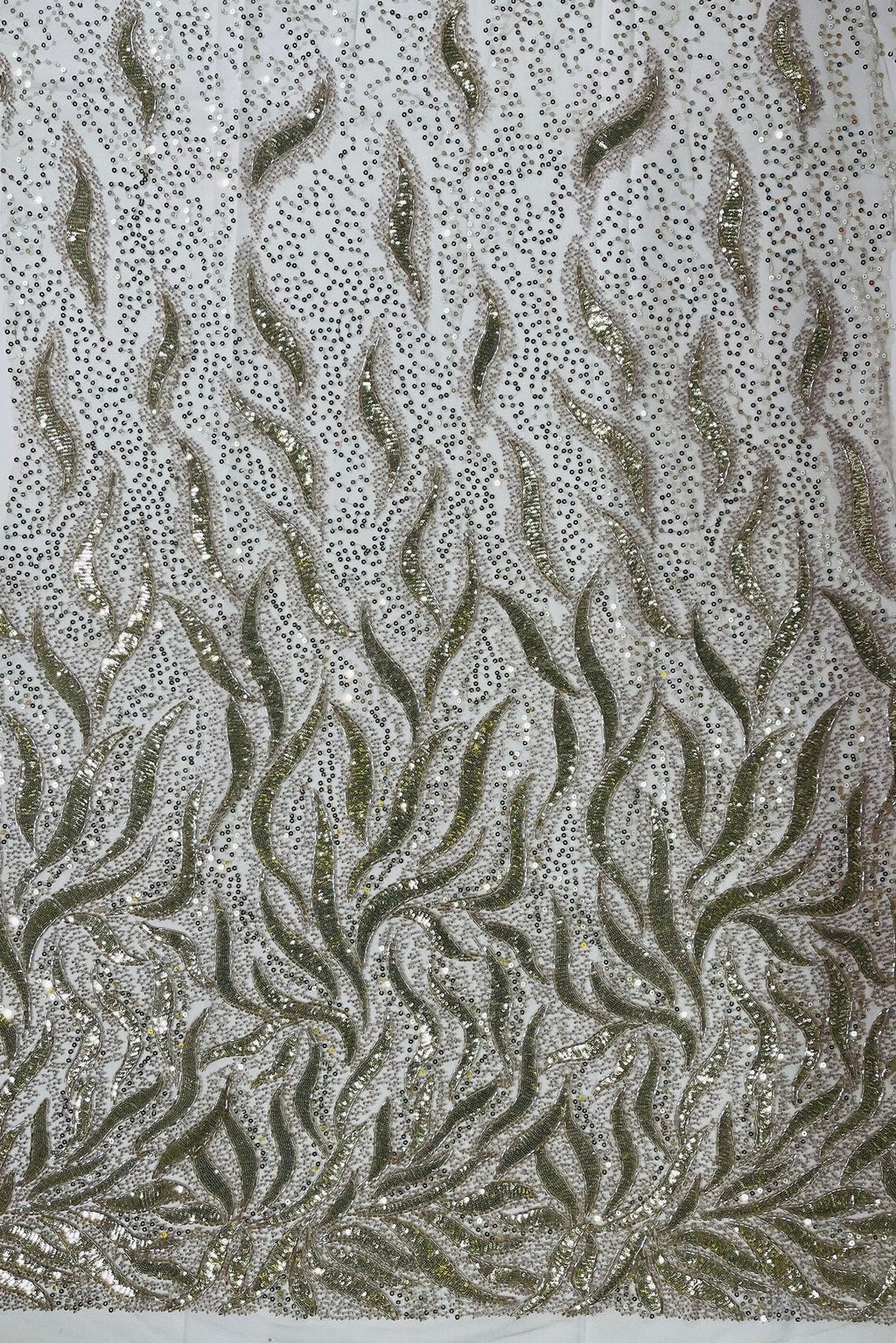 Beaded Fire Design Fabric - Light Gold - Fire Flame Design Sequins and Beads on Mesh by Yard