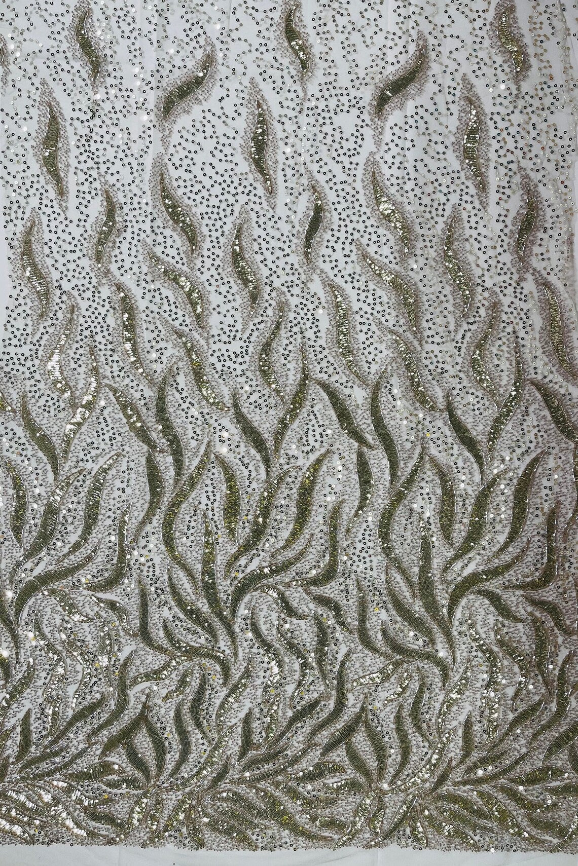 Beaded Fire Design Fabric - Light Gold - Fire Flame Design Sequins and Beads on Mesh by Yard