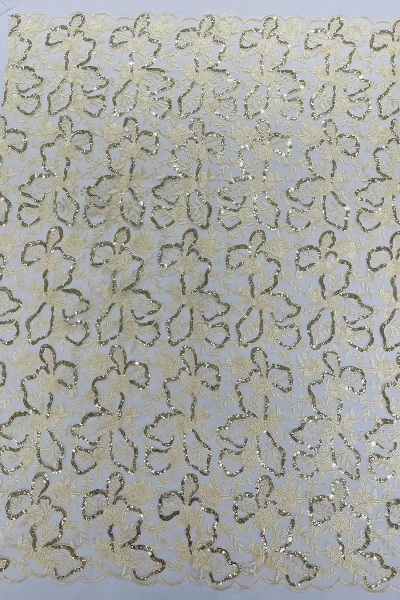 Small Flower Sequins Lace Fabric - Light Gold - Embroidered Floral Pattern Fabric with Sequins on Lace By Yard