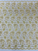 Corded Lace Floral Fabric - Light Gold - Hologram Sequins Metallic Thread Floral Fabric by Yard