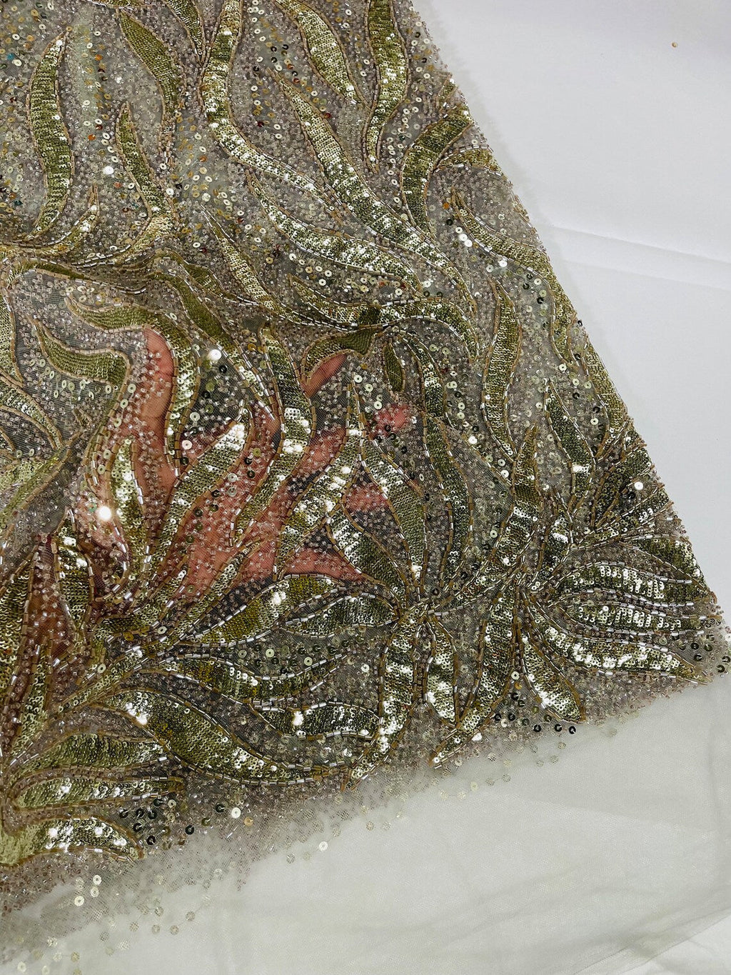 Beaded Fire Design Fabric - Light Gold - Fire Flame Design Sequins and Beads on Mesh by Yard