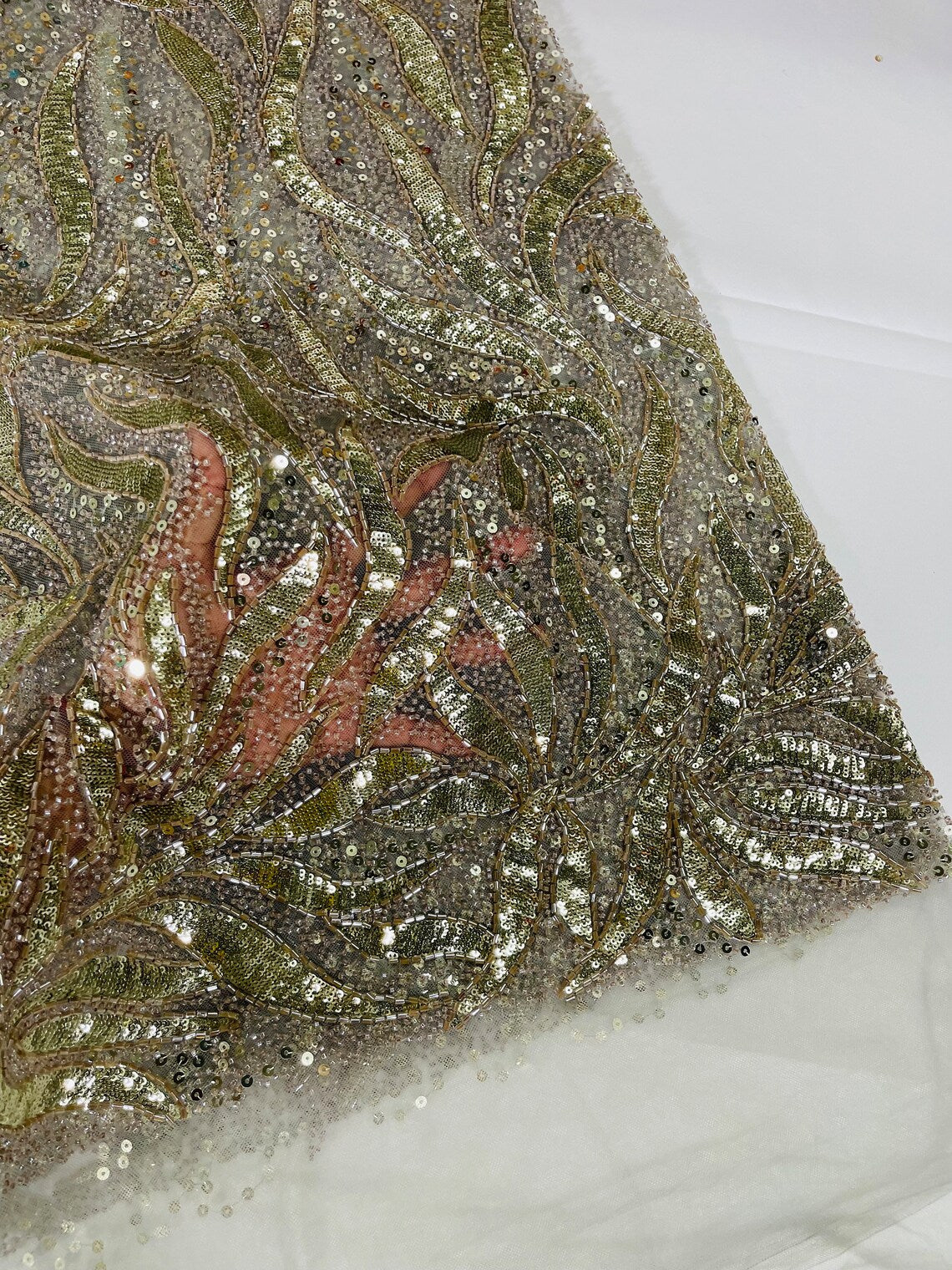 Beaded Fire Design Fabric - Light Gold - Fire Flame Design Sequins and Beads on Mesh by Yard
