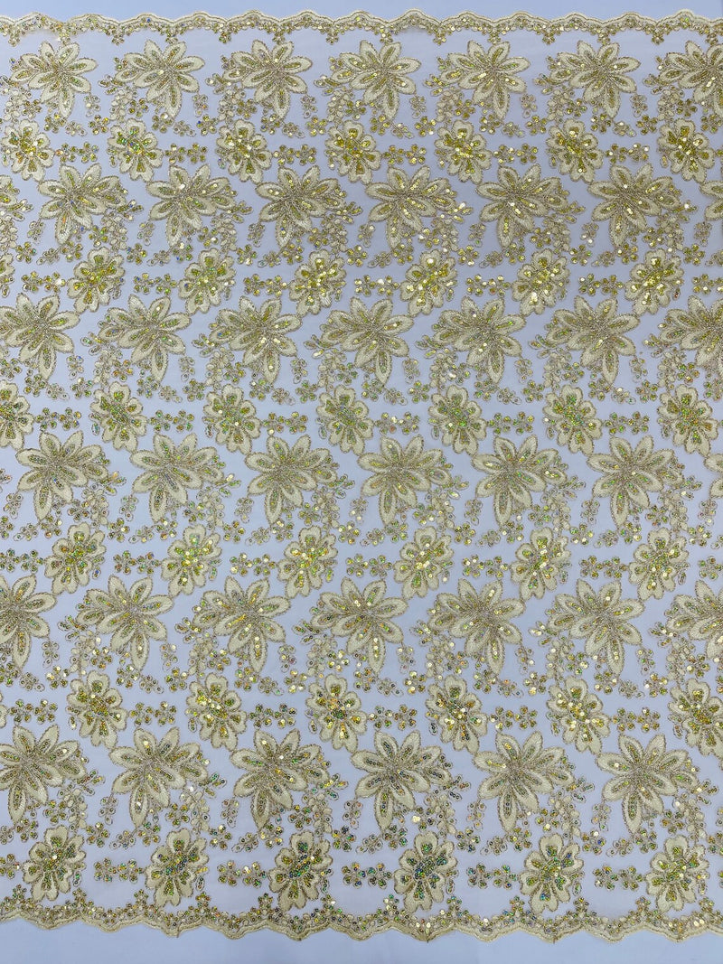 Corded Lace Floral Fabric - Light Gold - Hologram Sequins Metallic Thread Floral Fabric by Yard