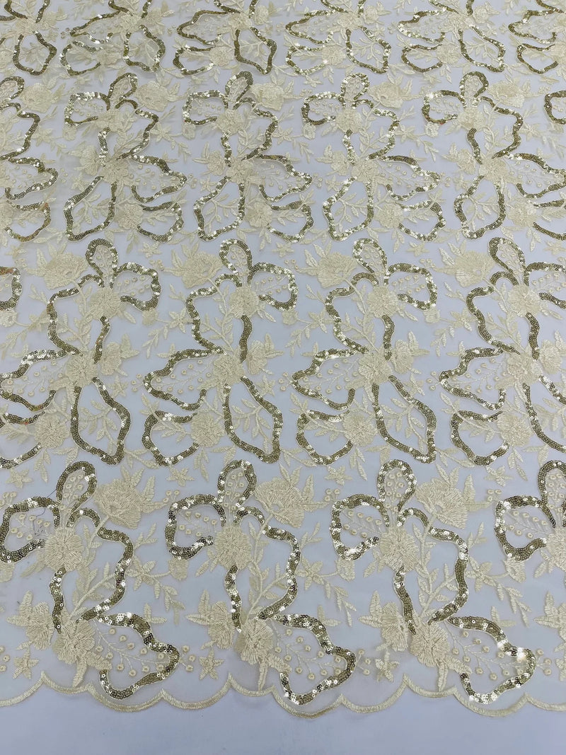 Small Flower Sequins Lace Fabric - Light Gold - Embroidered Floral Pattern Fabric with Sequins on Lace By Yard