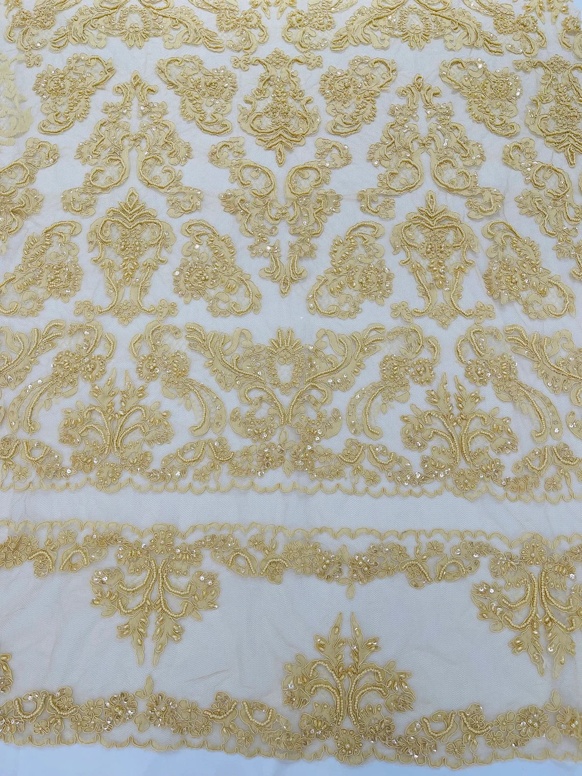 Beaded My Lady Damask Design - Light Gold - Beaded Fancy Damask Embroidered Fabric By Yard