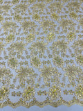 Corded Lace Floral Fabric - Light Gold - Hologram Sequins Metallic Thread Floral Fabric by Yard