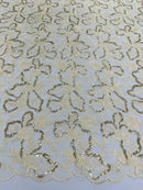 Small Flower Sequins Lace Fabric - Light Gold - Embroidered Floral Pattern Fabric with Sequins on Lace By Yard