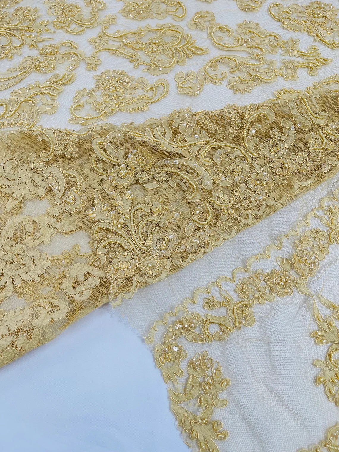 Beaded My Lady Damask Design - Light Gold - Beaded Fancy Damask Embroidered Fabric By Yard