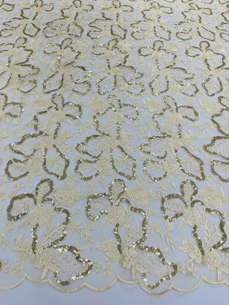 Small Flower Sequins Lace Fabric - Light Gold - Embroidered Floral Pattern Fabric with Sequins on Lace By Yard