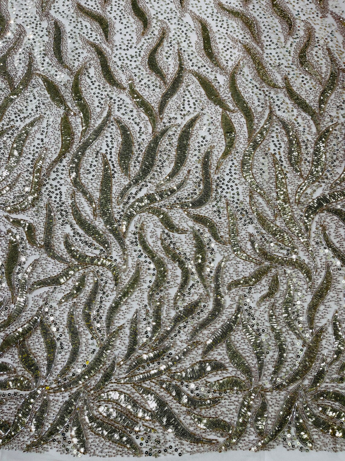Beaded Fire Design Fabric - Light Gold - Fire Flame Design Sequins and Beads on Mesh by Yard