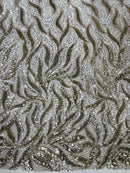 Beaded Fire Design Fabric - Light Gold - Fire Flame Design Sequins and Beads on Mesh by Yard