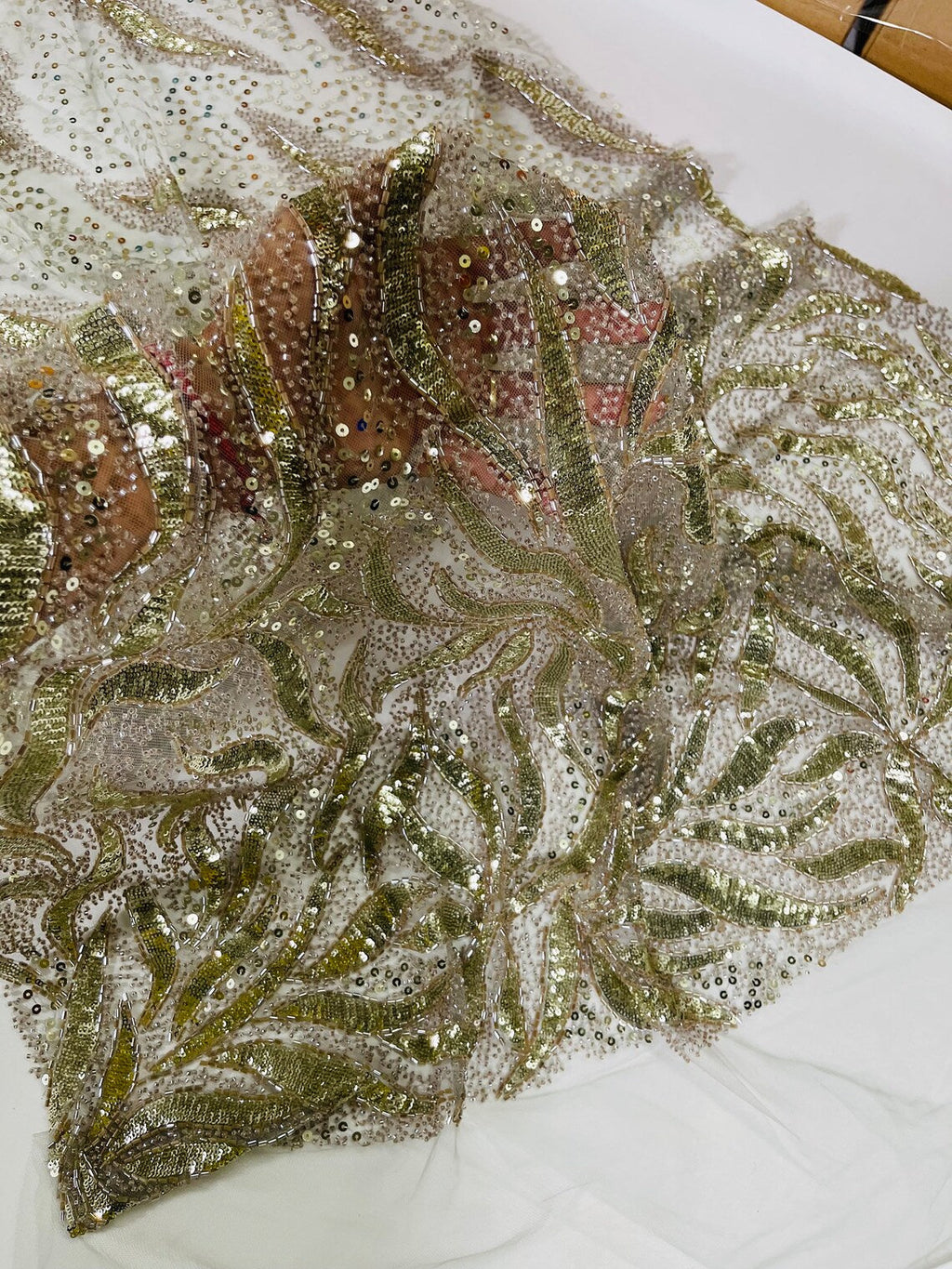 Beaded Fire Design Fabric - Light Gold - Fire Flame Design Sequins and Beads on Mesh by Yard