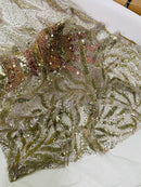 Beaded Fire Design Fabric - Light Gold - Fire Flame Design Sequins and Beads on Mesh by Yard