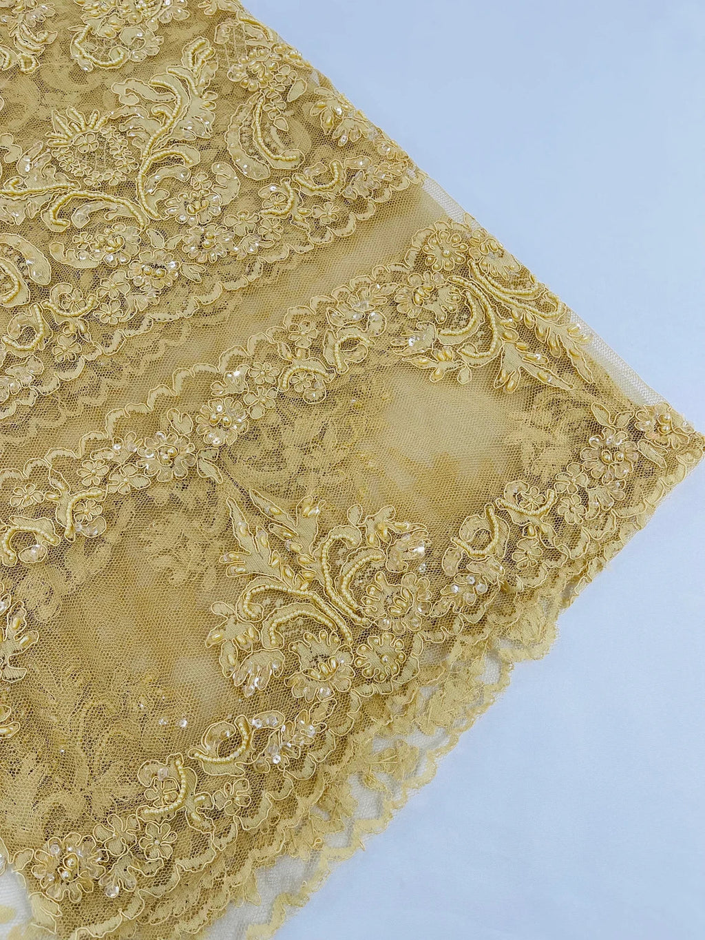 Beaded My Lady Damask Design - Light Gold - Beaded Fancy Damask Embroidered Fabric By Yard