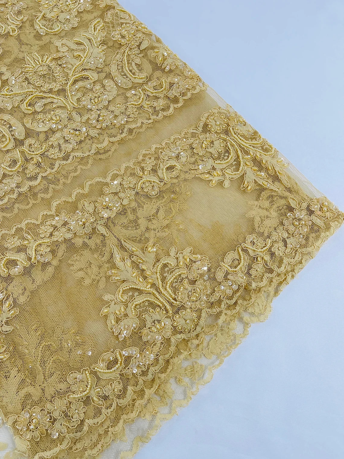Beaded My Lady Damask Design - Light Gold - Beaded Fancy Damask Embroidered Fabric By Yard