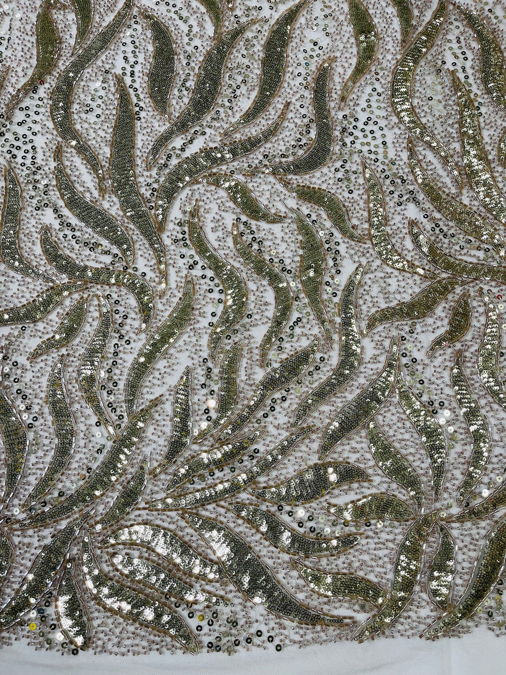 Beaded Fire Design Fabric - Light Gold - Fire Flame Design Sequins and Beads on Mesh by Yard