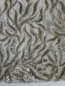 Beaded Fire Design Fabric - Light Gold - Fire Flame Design Sequins and Beads on Mesh by Yard