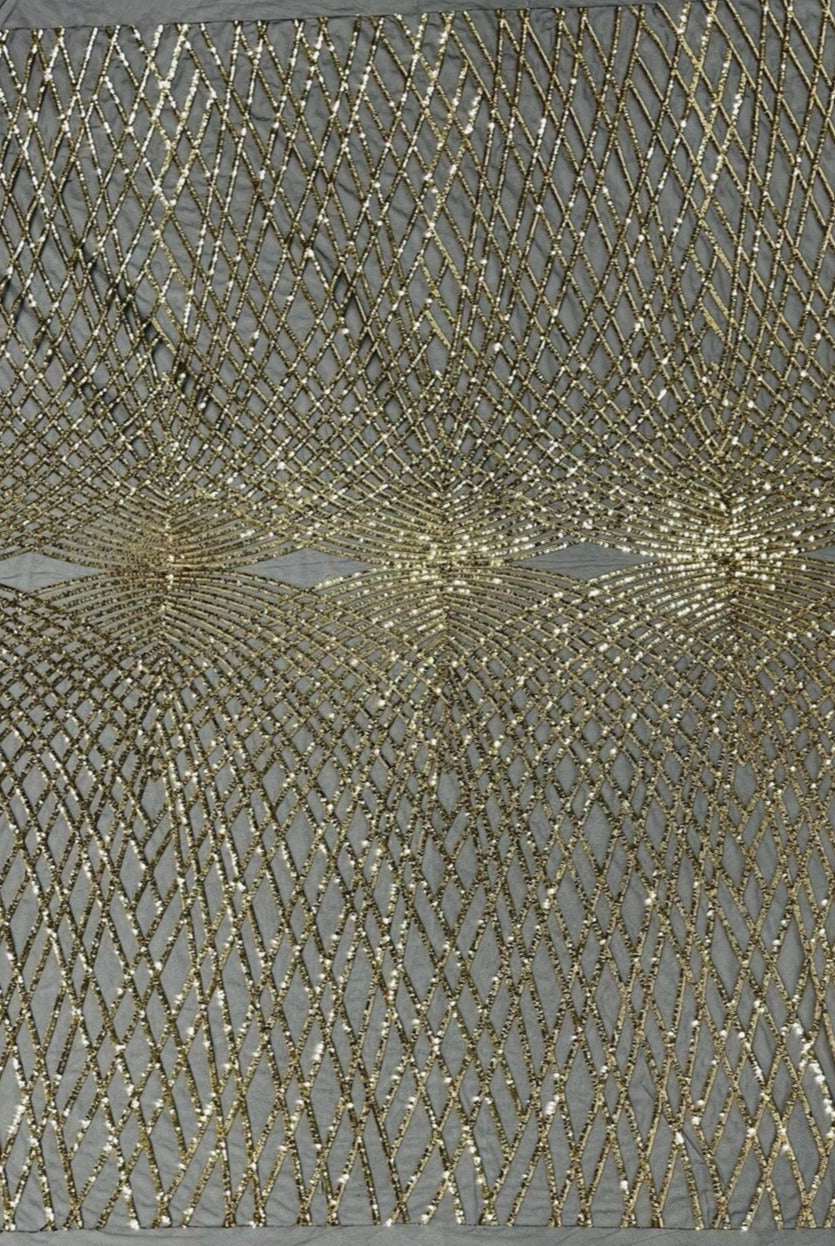 2 Way Stretch Diamond Fabric - Light Gold on Black Mesh - Geometric Diamond Design on Mesh By The Yard
