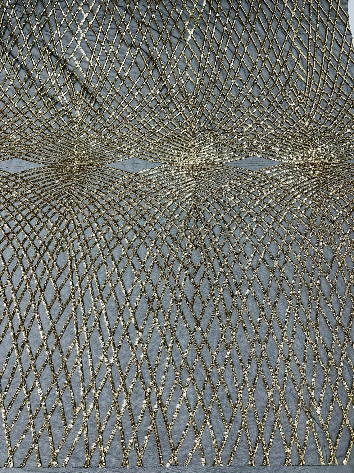 2 Way Stretch Diamond Fabric - Light Gold on Black Mesh - Geometric Diamond Design on Mesh By The Yard