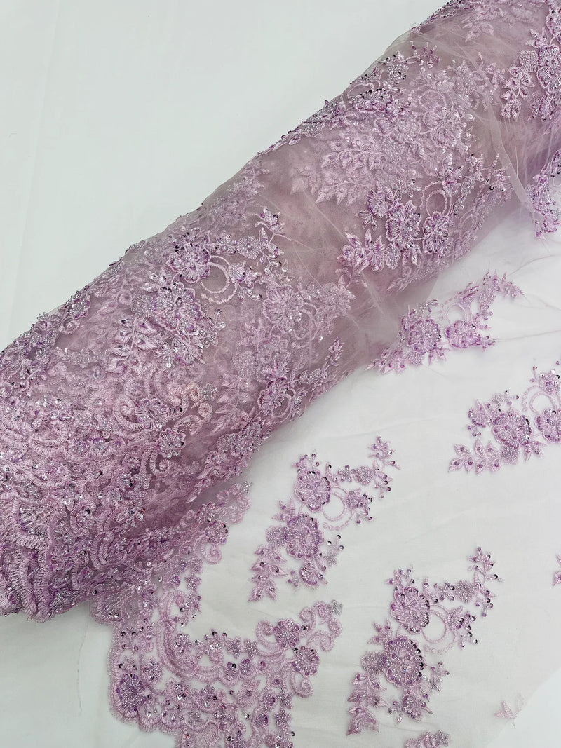 Beaded Floral Fabric - Light Lilac - Embroidered Flower Cluster Beaded Fabric Sold By Yard