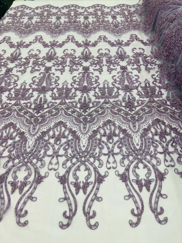 Damask Bead Fabric - Light Lilac - Embroidered Glamorous Fabric with Round Beads Sold By Yard