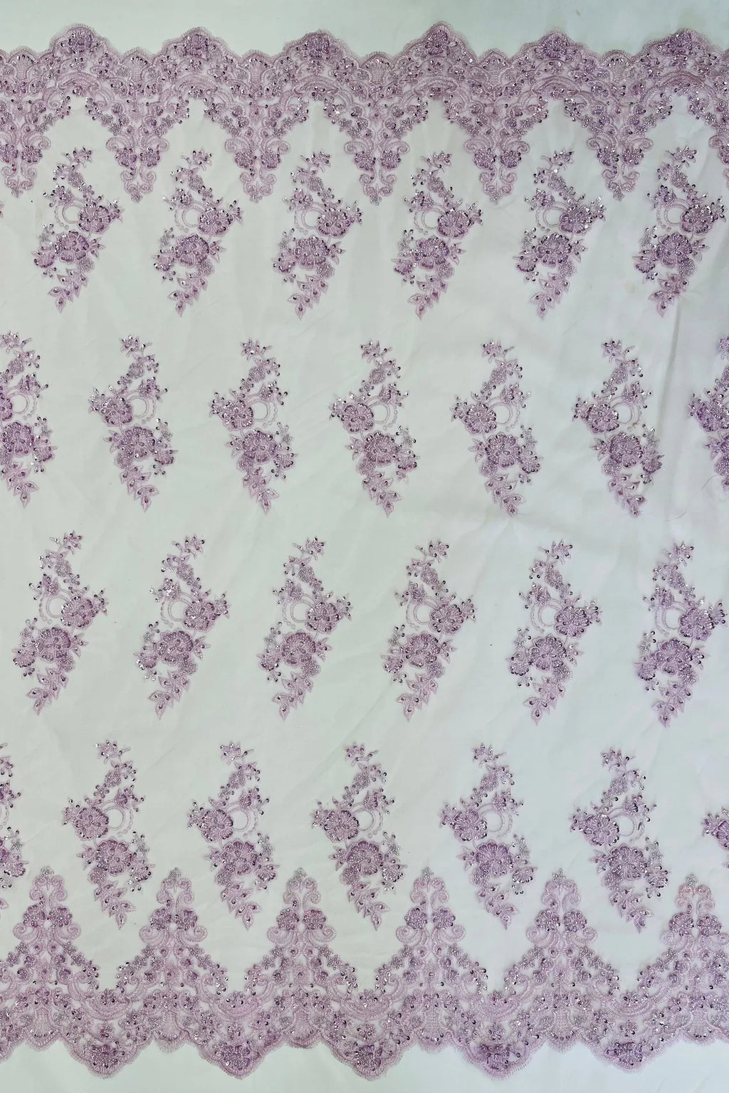 Beaded Floral Fabric - Light Lilac - Embroidered Flower Cluster Beaded Fabric Sold By Yard