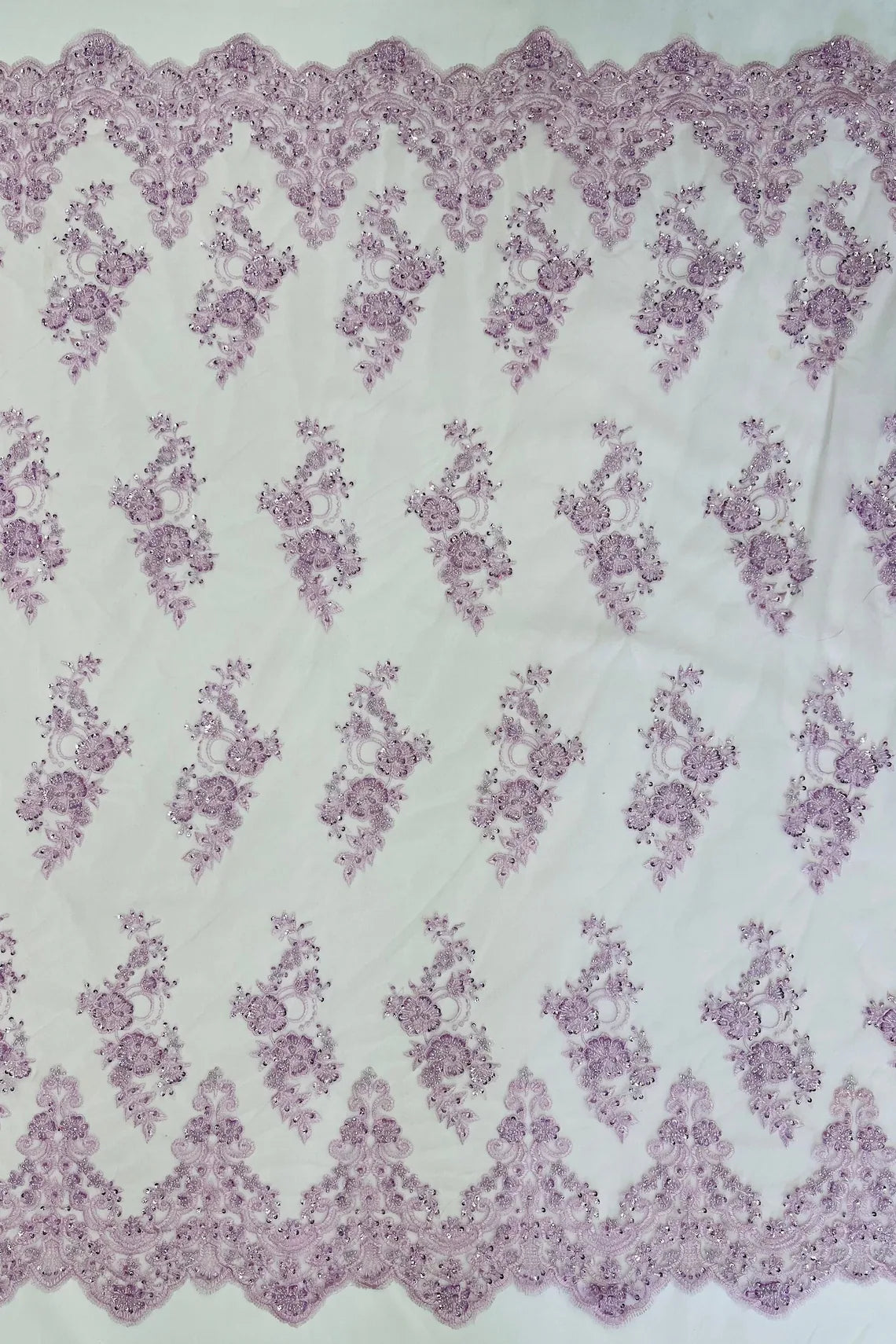 Beaded Floral Fabric - Light Lilac - Embroidered Flower Cluster Beaded Fabric Sold By Yard
