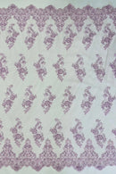 Beaded Floral Fabric - Light Lilac - Embroidered Flower Cluster Beaded Fabric Sold By Yard