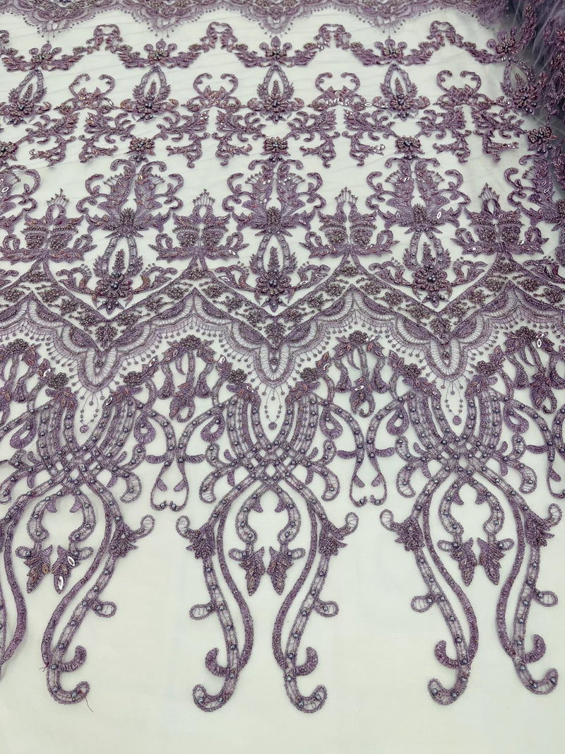Damask Bead Fabric - Light Lilac - Embroidered Glamorous Fabric with Round Beads Sold By Yard