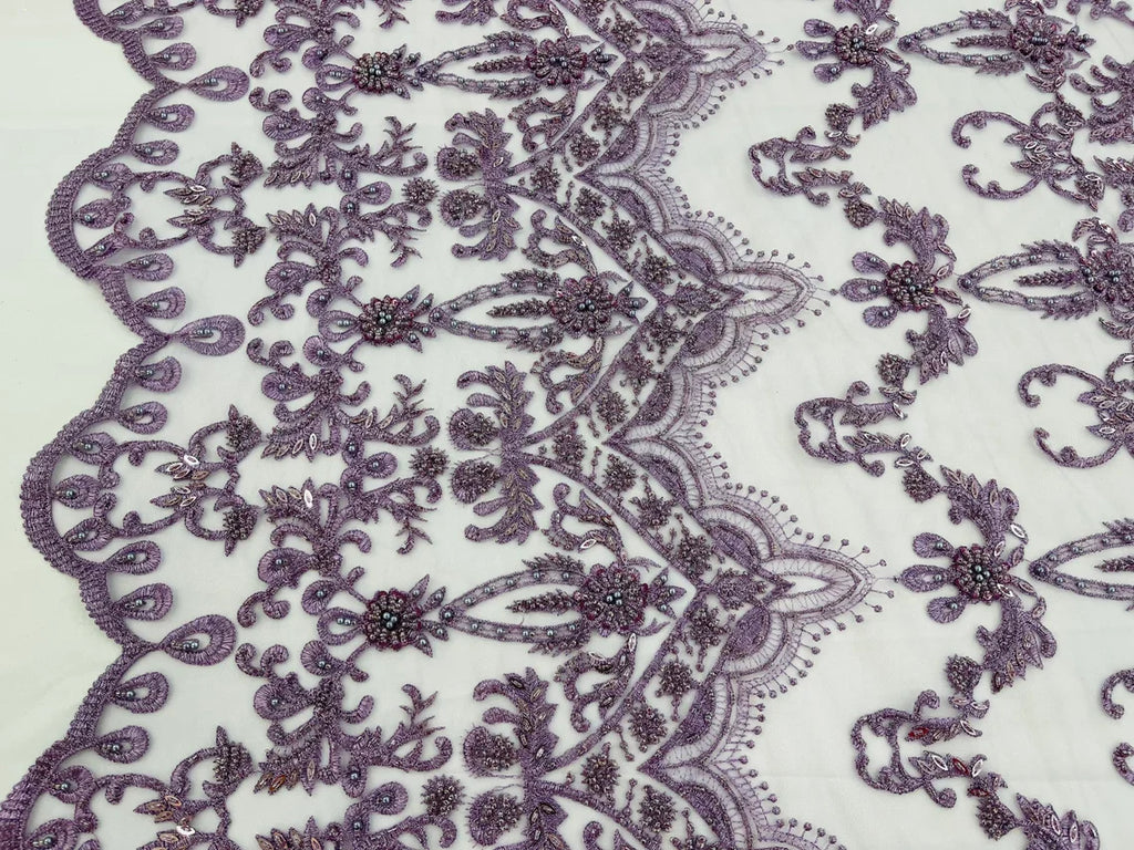 Damask Bead Fabric - Light Lilac - Embroidered Glamorous Fabric with Round Beads Sold By Yard